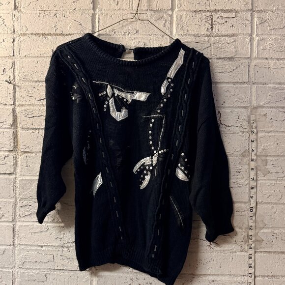 Vintage Black Embellished Statement Sweater – Pearl Beads + Satin Appliqué - Picture 1 of 8